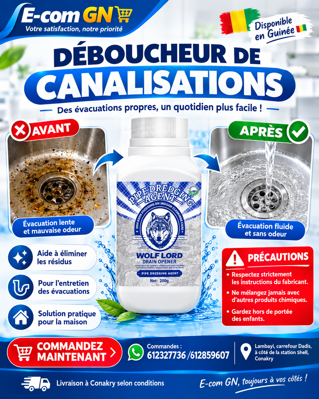 Déboucheur de Canalisations Professionnel Ultra-Puissant - Éviers, Douches et WC
