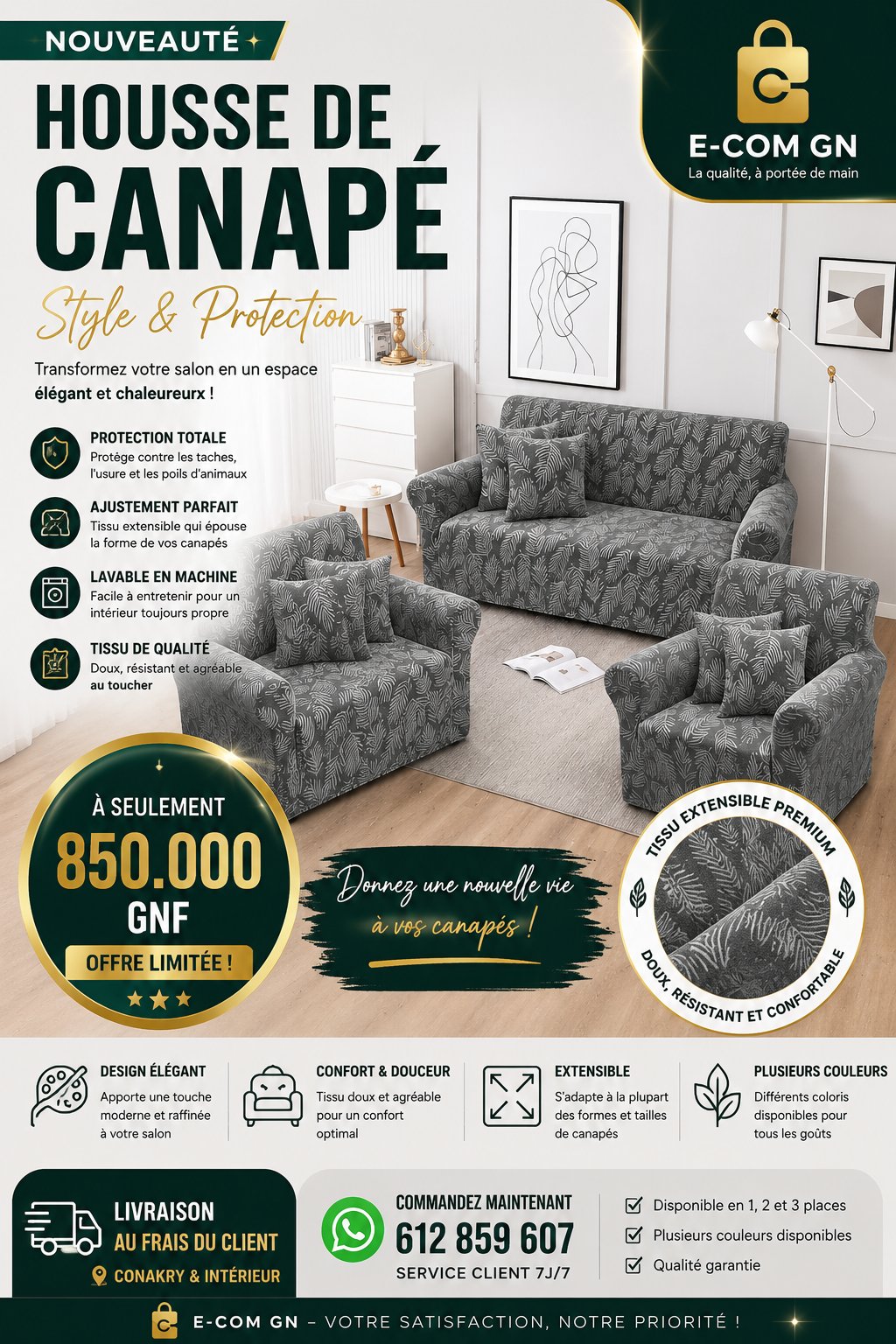 Housse de canapé facile à installer, universelle, haute élasticité, durable, protection de meubles, +6 housses de coussins