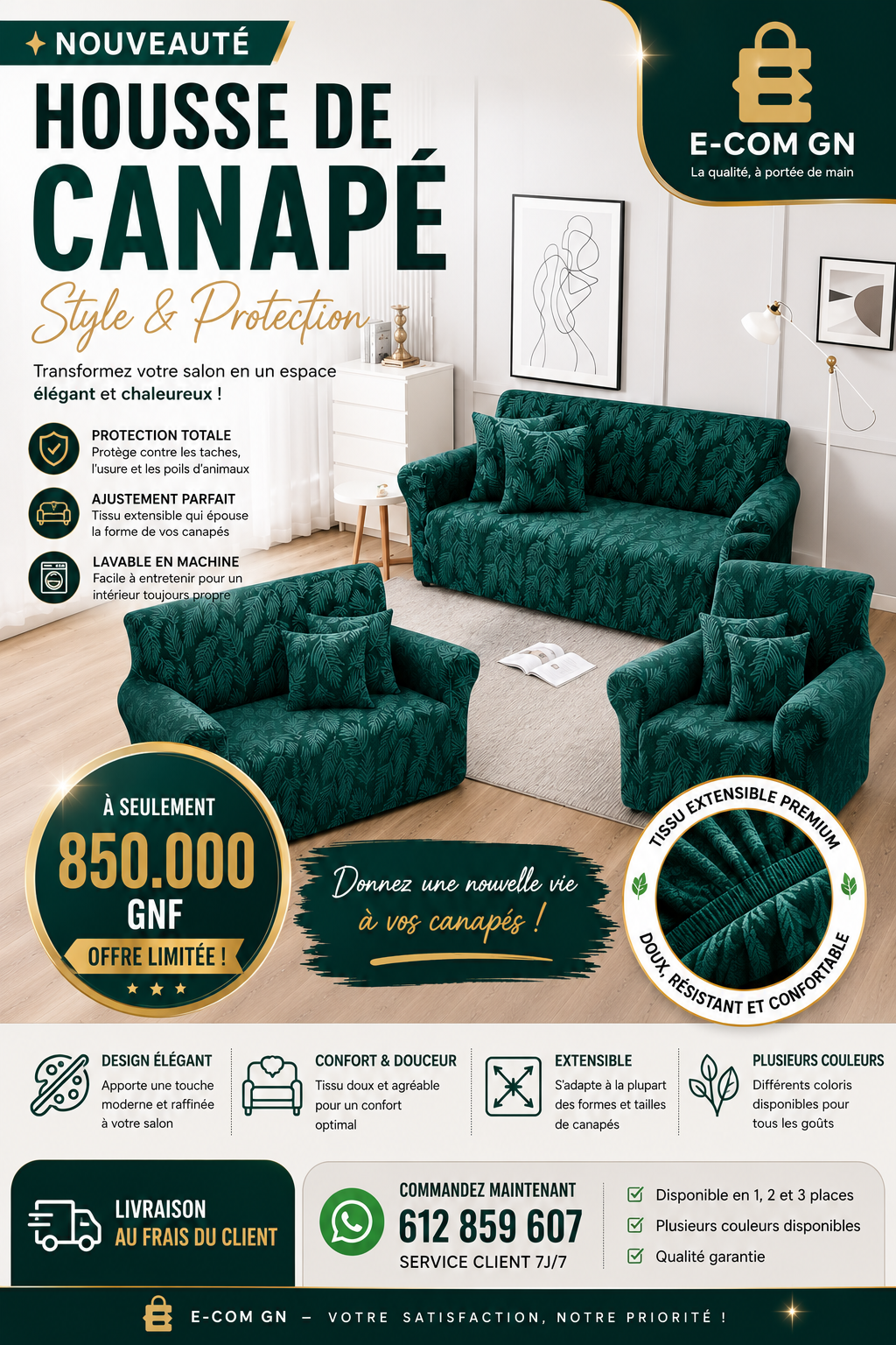 Housse de canapé facile à installer, universelle, haute élasticité, durable, protection de meubles, +6 housses de coussins
