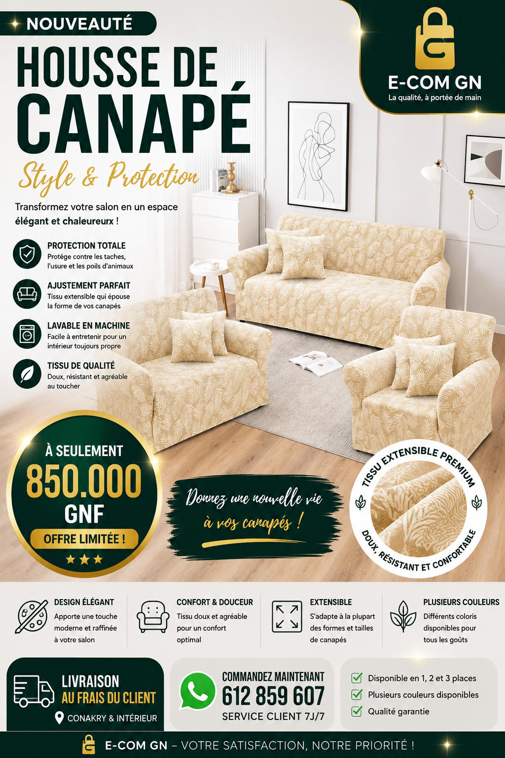 Housse de canapé facile à installer, universelle, haute élasticité, durable, protection de meubles, +6 housses de coussins
