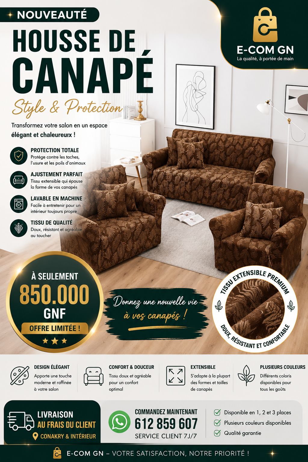 Housse de canapé facile à installer, universelle, haute élasticité, durable, protection de meubles, +6 housses de coussins