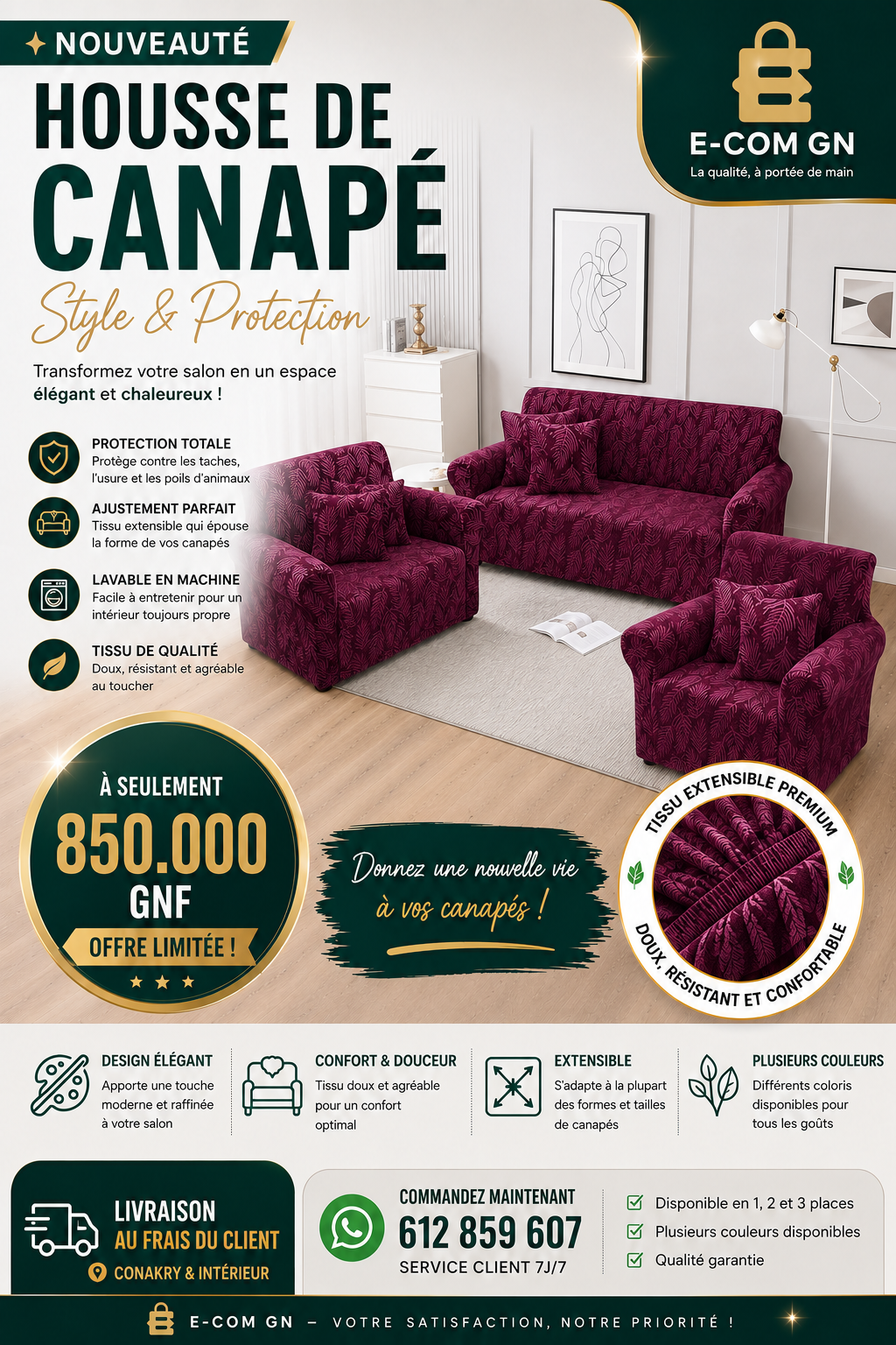 Housse de canapé facile à installer, universelle, haute élasticité, durable, protection de meubles, +6 housses de coussins